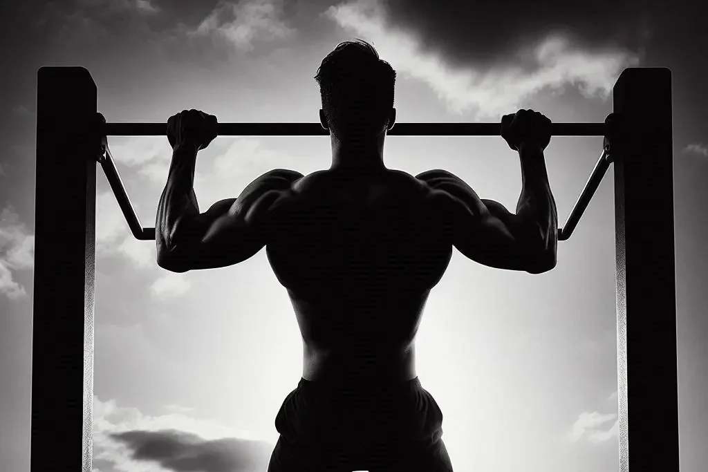 an black and white silhouette of a man doing pull ups