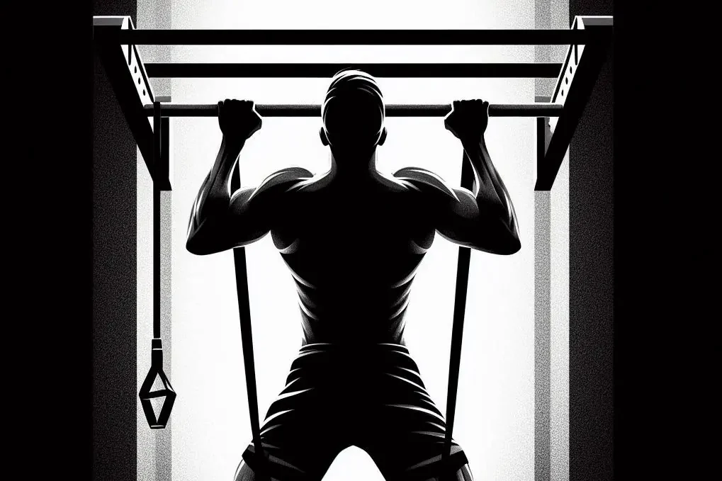 a black silhouette doing pull-ups with a resistance band